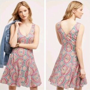 Anthropology Sleeveless V-Neck Pink Multi-Pattern Fit & Flare cotton dress